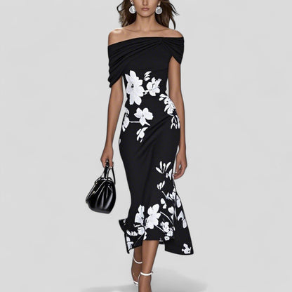 Mujer Vestido Midi con Escote Bardot y Estampado Floral-Midi Dress-Casaluzia
