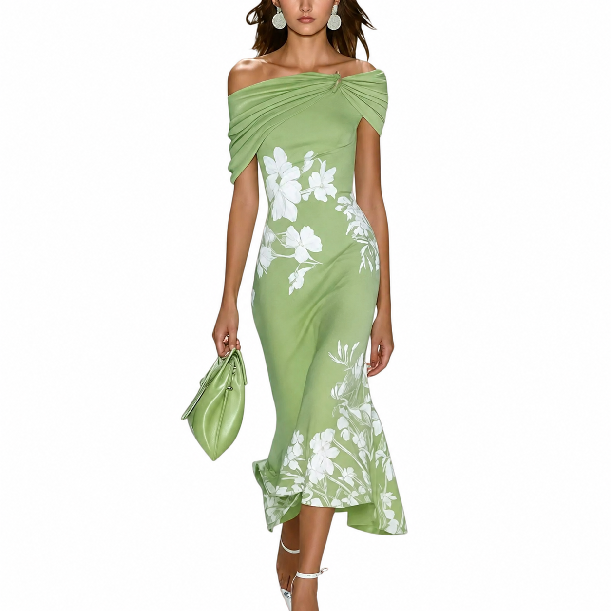 Mujer Vestido Midi con Escote Bardot y Estampado Floral-Midi Dress-Casaluzia