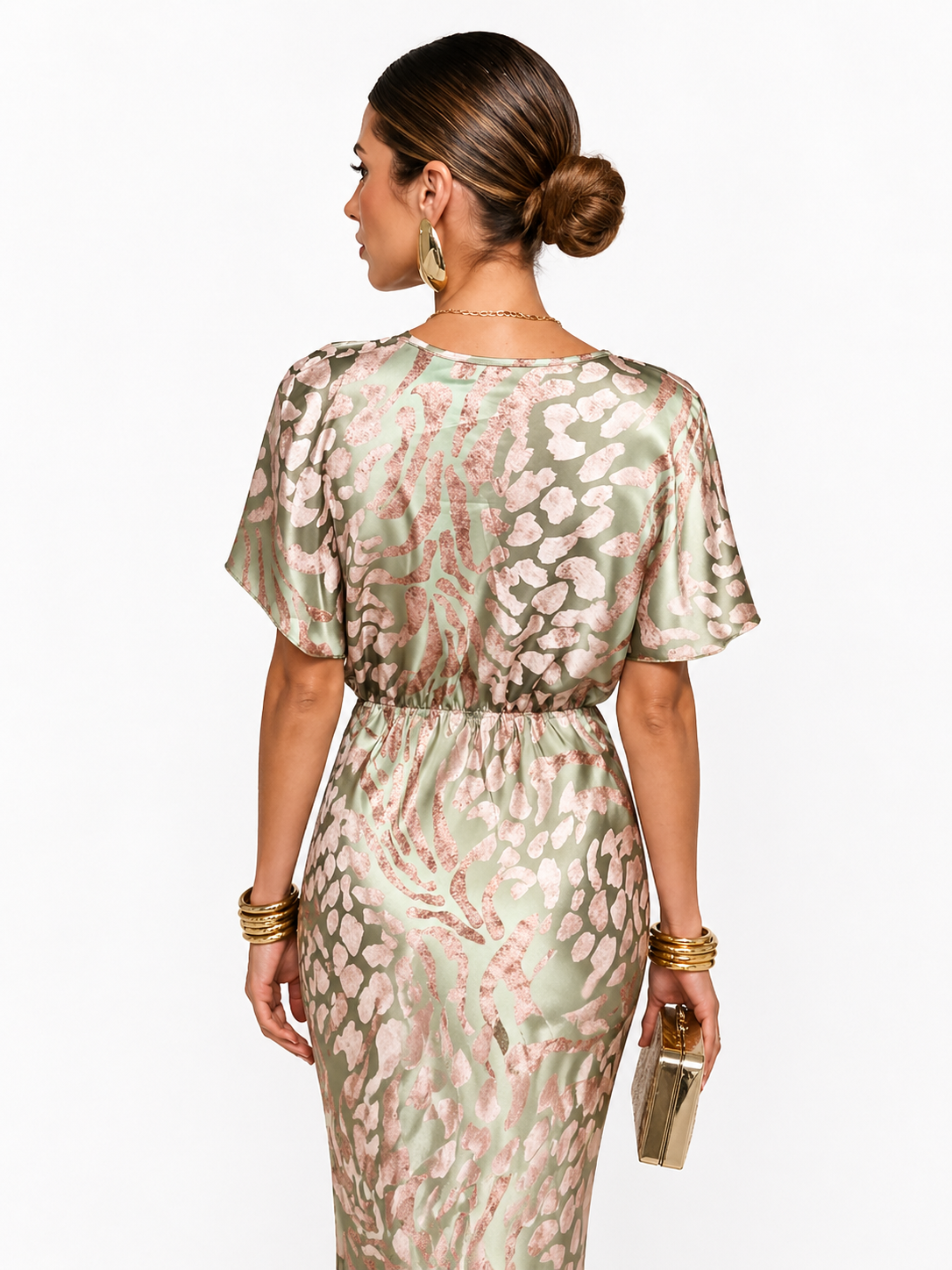 Mujer Vestido midi con escote en V, manga corta y nudo en la cintura-Midi Dress-Casaluzia