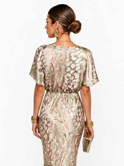 Mujer Vestido midi con escote en V, manga corta y nudo en la cintura-Midi Dress-Casaluzia