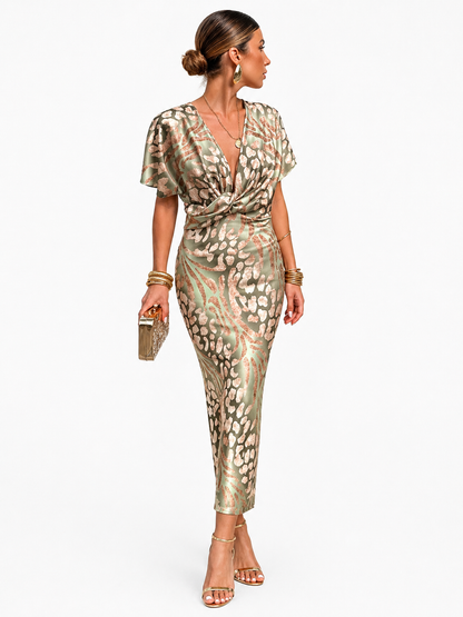 Mujer Vestido midi con escote en V, manga corta y nudo en la cintura-Midi Dress-Casaluzia