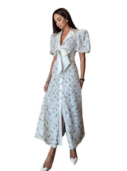 Mujer Vestido Midi con Estampado Floral Mangas Abullonadas y Lazo-Midi Dress-Casaluzia