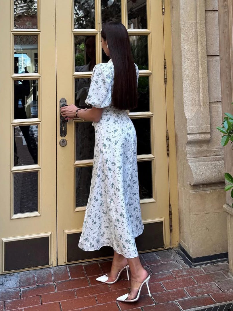 Mujer Vestido Midi con Estampado Floral Mangas Abullonadas y Lazo-Midi Dress-Casaluzia