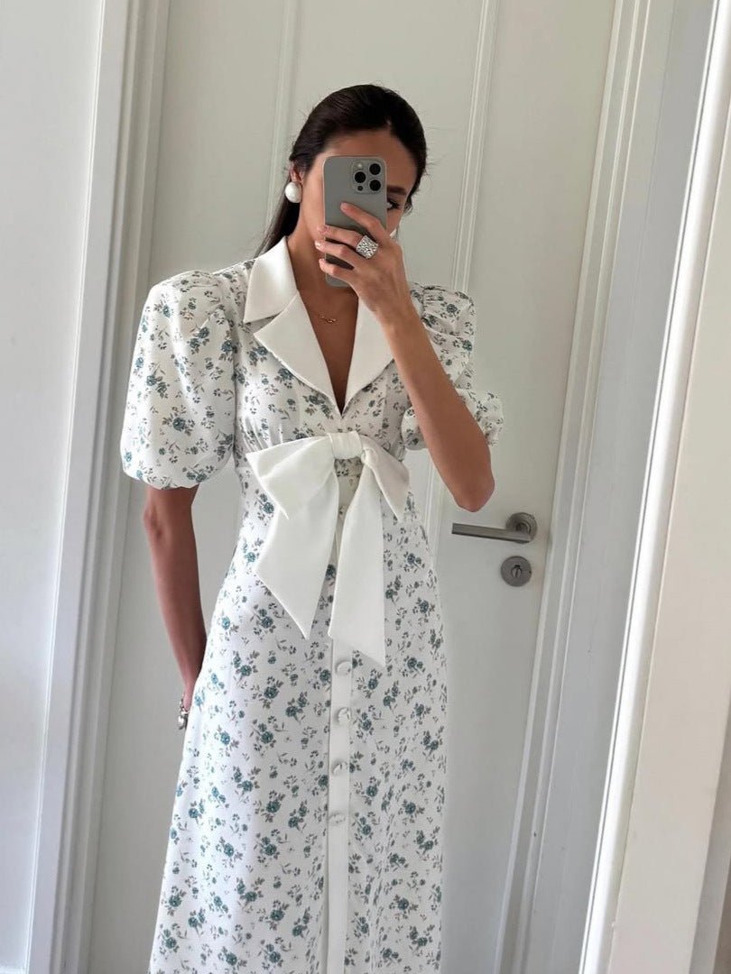 Mujer Vestido Midi con Estampado Floral Mangas Abullonadas y Lazo-Midi Dress-Casaluzia