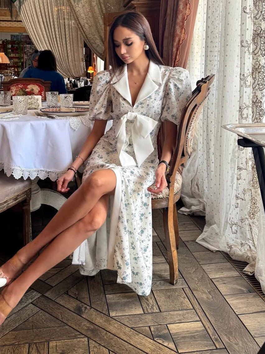 Mujer Vestido Midi con Estampado Floral Mangas Abullonadas y Lazo-Midi Dress-Casaluzia