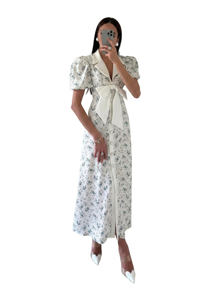 Mujer Vestido Midi con Estampado Floral Mangas Abullonadas y Lazo-Midi Dress-Casaluzia