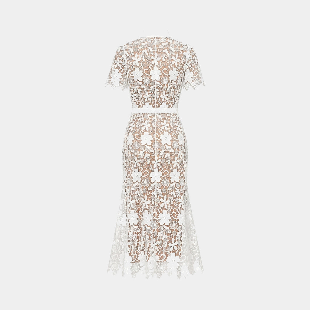 Mujer Vestido Midi con Patrón Floral Calado Manga Corta Cinturón Botones Frontales y Cuatro Bolsillos-Midi Dress-Casaluzia