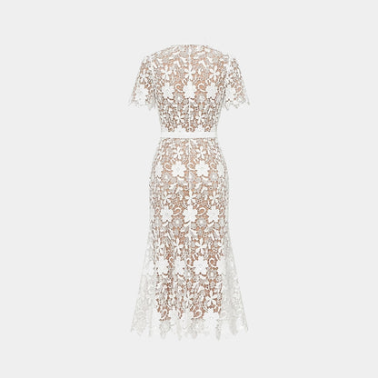 Mujer Vestido Midi con Patrón Floral Calado Manga Corta Cinturón Botones Frontales y Cuatro Bolsillos-Midi Dress-Casaluzia