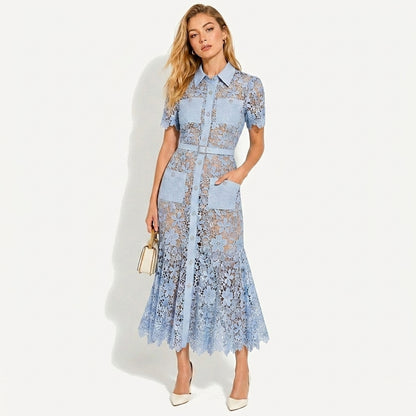 Mujer Vestido Midi con Patrón Floral Calado Manga Corta Cinturón Botones Frontales y Cuatro Bolsillos-Midi Dress-Casaluzia