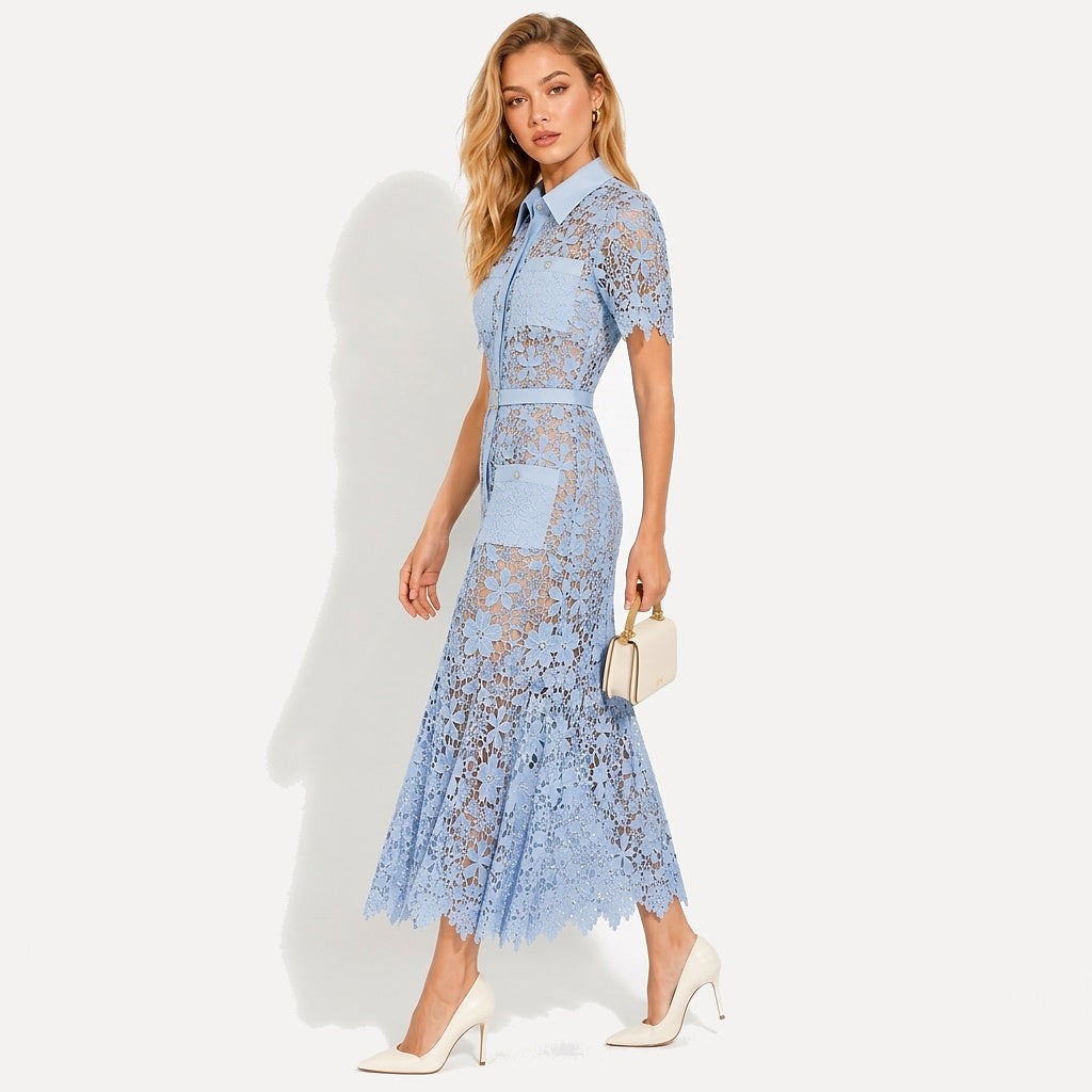 Mujer Vestido Midi con Patrón Floral Calado Manga Corta Cinturón Botones Frontales y Cuatro Bolsillos-Midi Dress-Casaluzia