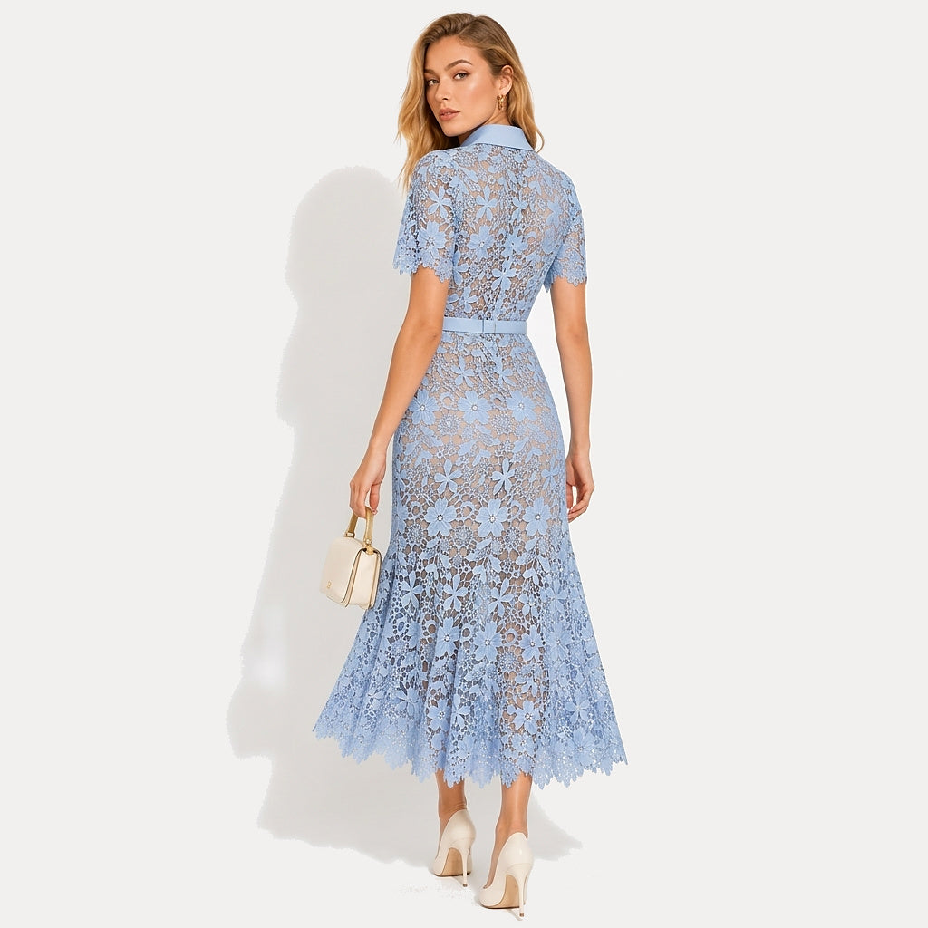 Mujer Vestido Midi con Patrón Floral Calado Manga Corta Cinturón Botones Frontales y Cuatro Bolsillos-Midi Dress-Casaluzia
