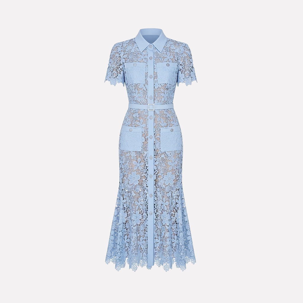 Mujer Vestido Midi con Patrón Floral Calado Manga Corta Cinturón Botones Frontales y Cuatro Bolsillos-Midi Dress-Casaluzia