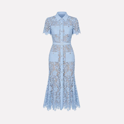 Mujer Vestido Midi con Patrón Floral Calado Manga Corta Cinturón Botones Frontales y Cuatro Bolsillos-Midi Dress-Casaluzia