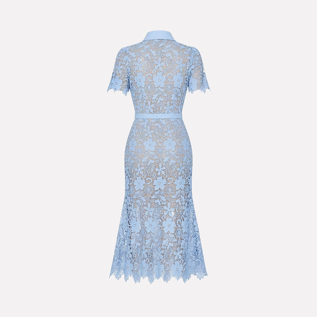 Mujer Vestido Midi con Patrón Floral Calado Manga Corta Cinturón Botones Frontales y Cuatro Bolsillos-Midi Dress-Casaluzia
