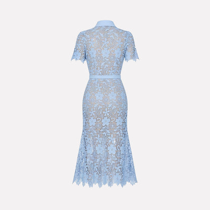 Mujer Vestido Midi con Patrón Floral Calado Manga Corta Cinturón Botones Frontales y Cuatro Bolsillos-Midi Dress-Casaluzia