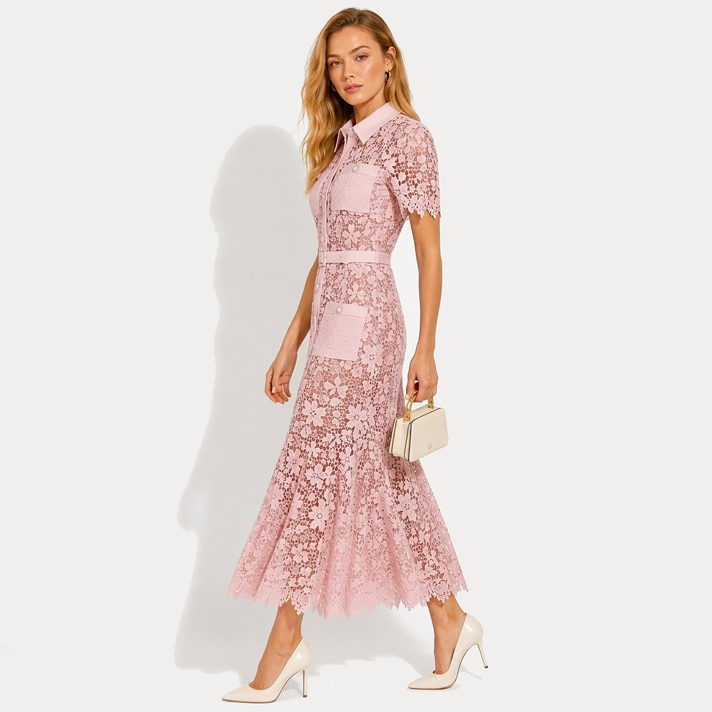 Mujer Vestido Midi con Patrón Floral Calado Manga Corta Cinturón Botones Frontales y Cuatro Bolsillos-Midi Dress-Casaluzia