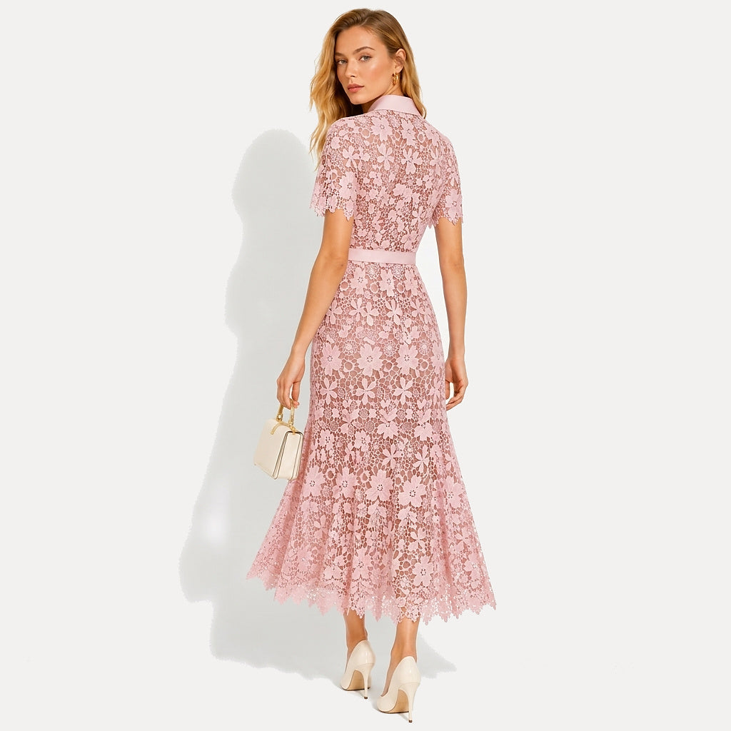 Mujer Vestido Midi con Patrón Floral Calado Manga Corta Cinturón Botones Frontales y Cuatro Bolsillos-Midi Dress-Casaluzia
