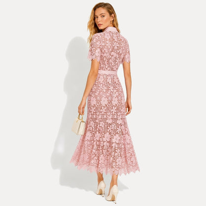 Mujer Vestido Midi con Patrón Floral Calado Manga Corta Cinturón Botones Frontales y Cuatro Bolsillos-Midi Dress-Casaluzia