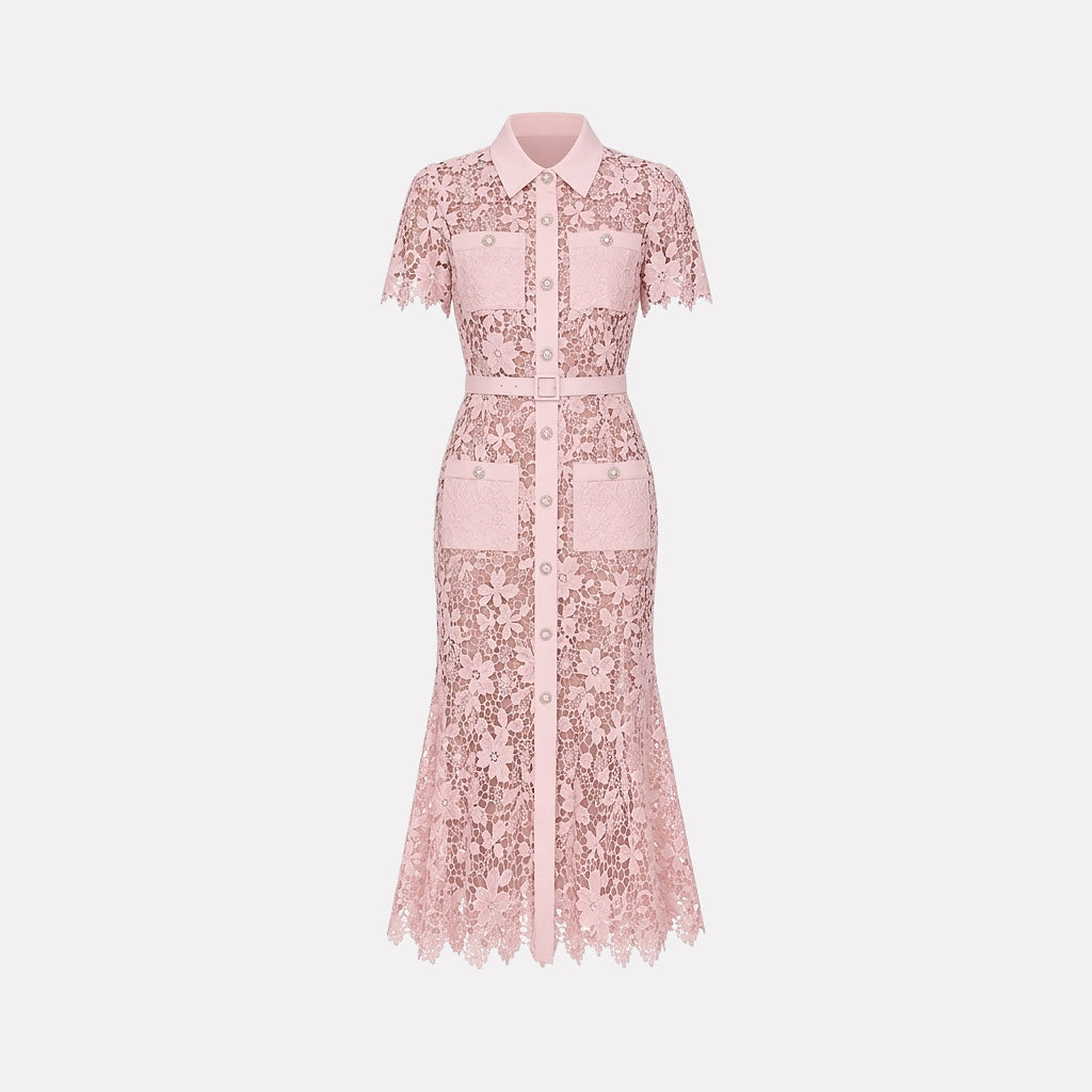 Mujer Vestido Midi con Patrón Floral Calado Manga Corta Cinturón Botones Frontales y Cuatro Bolsillos-Midi Dress-Casaluzia