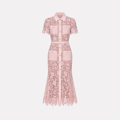 Mujer Vestido Midi con Patrón Floral Calado Manga Corta Cinturón Botones Frontales y Cuatro Bolsillos-Midi Dress-Casaluzia