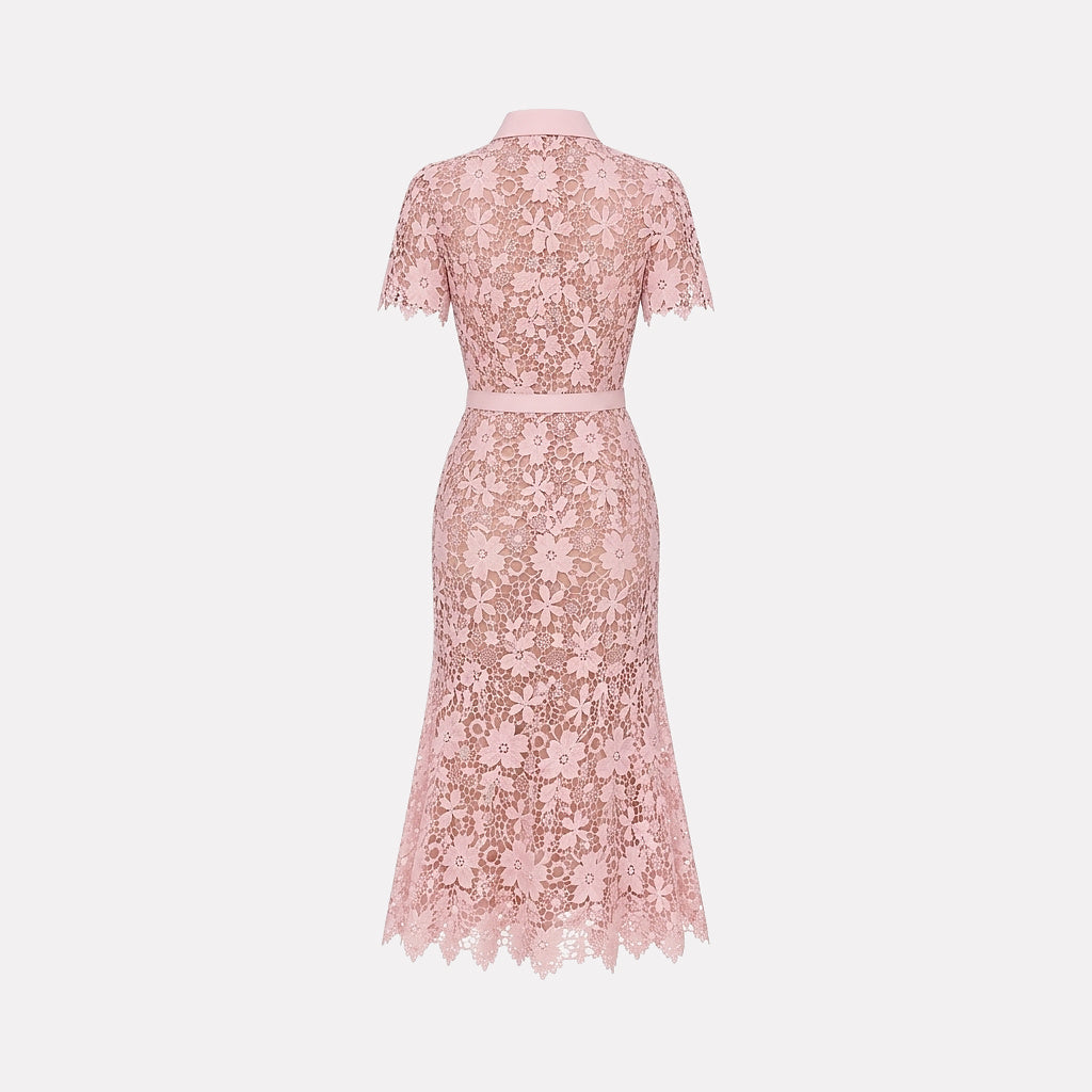 Mujer Vestido Midi con Patrón Floral Calado Manga Corta Cinturón Botones Frontales y Cuatro Bolsillos-Midi Dress-Casaluzia