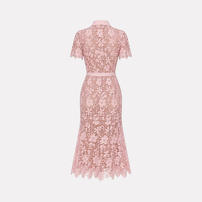 Mujer Vestido Midi con Patrón Floral Calado Manga Corta Cinturón Botones Frontales y Cuatro Bolsillos-Midi Dress-Casaluzia