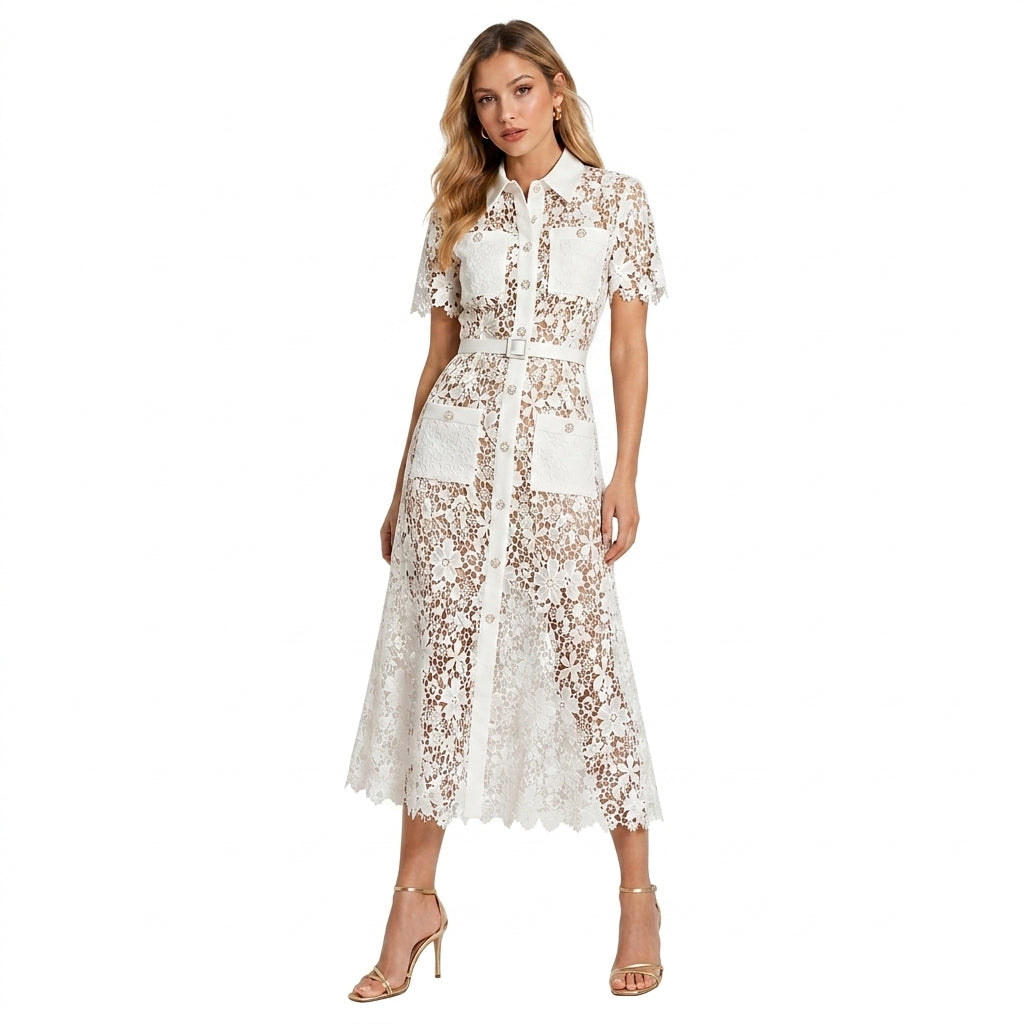 Mujer Vestido Midi con Patrón Floral Calado Manga Corta Cinturón Botones Frontales y Cuatro Bolsillos-Midi Dress-Casaluzia