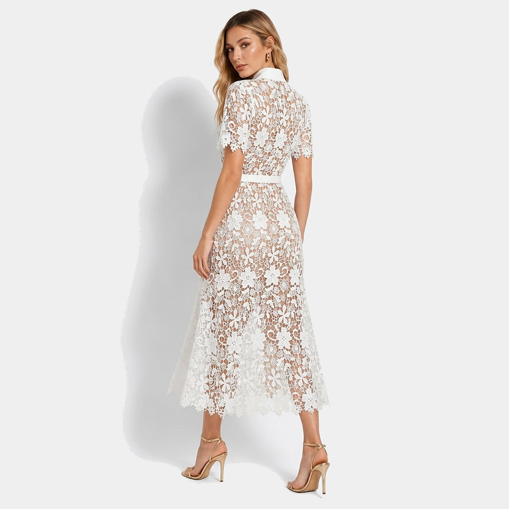Mujer Vestido Midi con Patrón Floral Calado Manga Corta Cinturón Botones Frontales y Cuatro Bolsillos-Midi Dress-Casaluzia