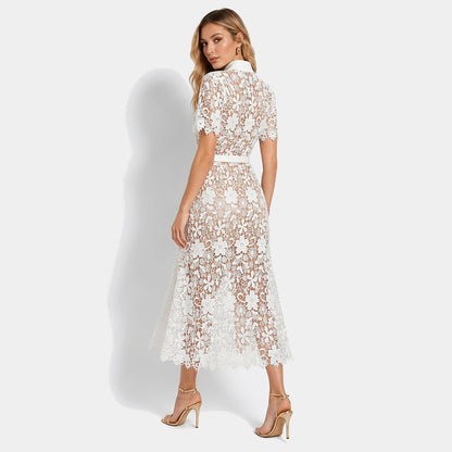 Mujer Vestido Midi con Patrón Floral Calado Manga Corta Cinturón Botones Frontales y Cuatro Bolsillos-Midi Dress-Casaluzia