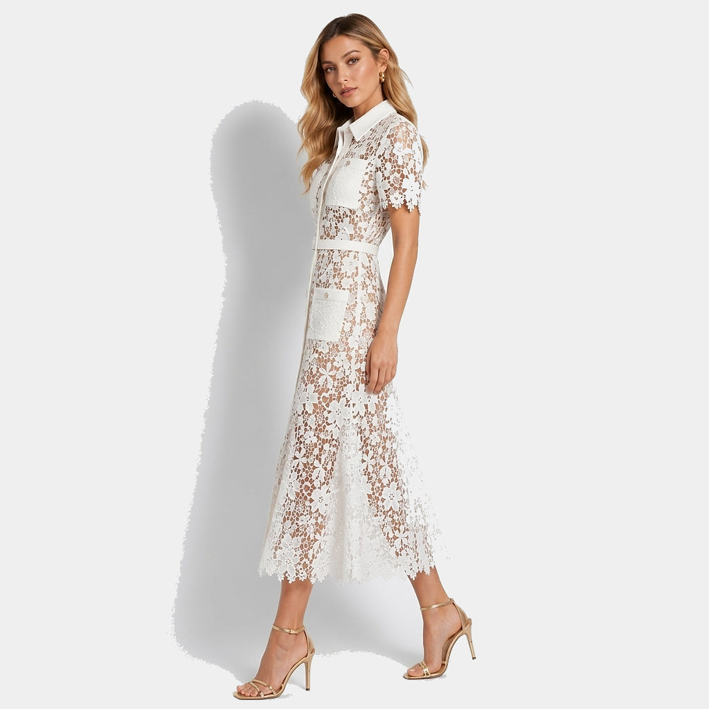 Mujer Vestido Midi con Patrón Floral Calado Manga Corta Cinturón Botones Frontales y Cuatro Bolsillos-Midi Dress-Casaluzia
