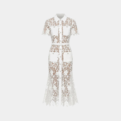 Mujer Vestido Midi con Patrón Floral Calado Manga Corta Cinturón Botones Frontales y Cuatro Bolsillos-Midi Dress-Casaluzia