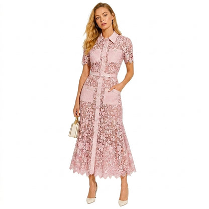 Mujer Vestido Midi con Patrón Floral Calado Manga Corta Cinturón Botones Frontales y Cuatro Bolsillos-Midi Dress-Casaluzia