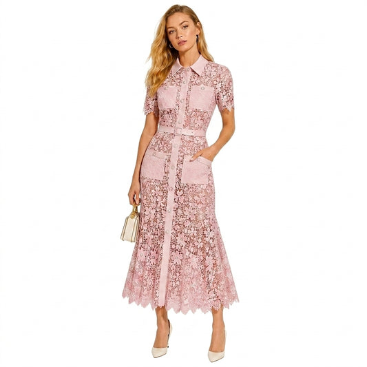 Mujer Vestido Midi con Patrón Floral Calado Manga Corta Cinturón Botones Frontales y Cuatro Bolsillos-Midi Dress-Casaluzia