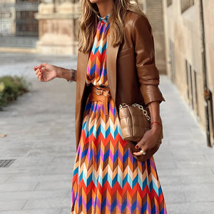 Mujer Vestido midi con patrón geométrico, cuello alto y cinturón-Midi Dress-Casaluzia