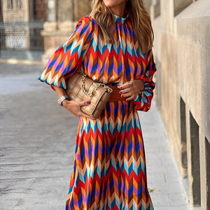 Mujer Vestido midi con patrón geométrico, cuello alto y cinturón-Midi Dress-Casaluzia