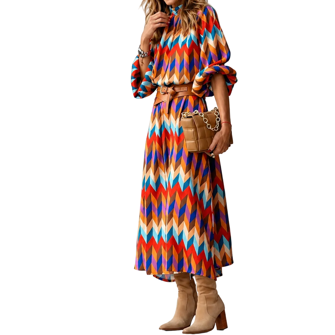 Mujer Vestido midi con patrón geométrico, cuello alto y cinturón-Midi Dress-Casaluzia