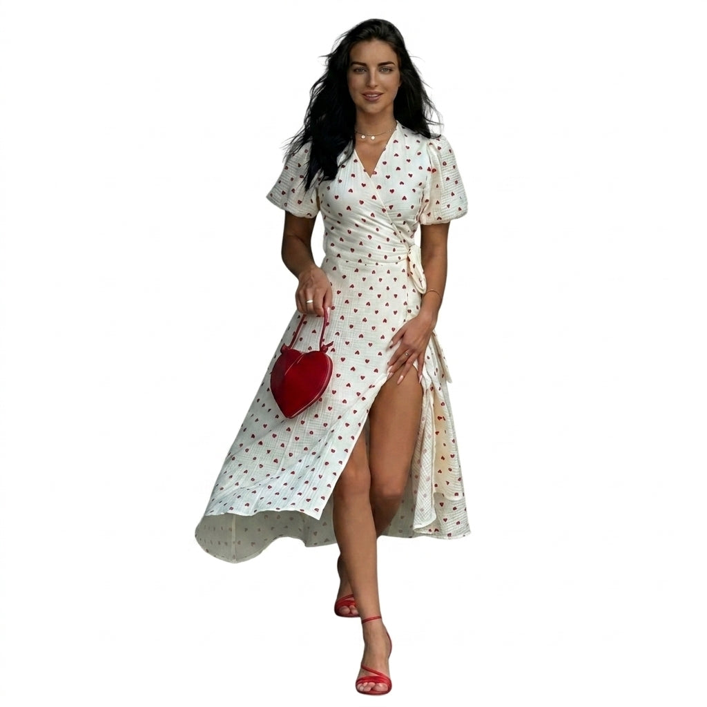 Mujer Vestido Midi Cruzado con Estampado Floral y Mangas Abullonadas-Midi Dress-Casaluzia