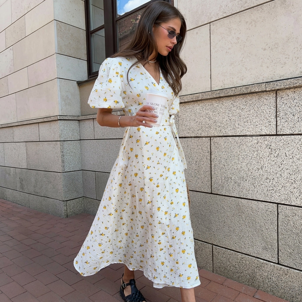 Mujer Vestido Midi Cruzado con Estampado Floral y Mangas Abullonadas-Midi Dress-Casaluzia