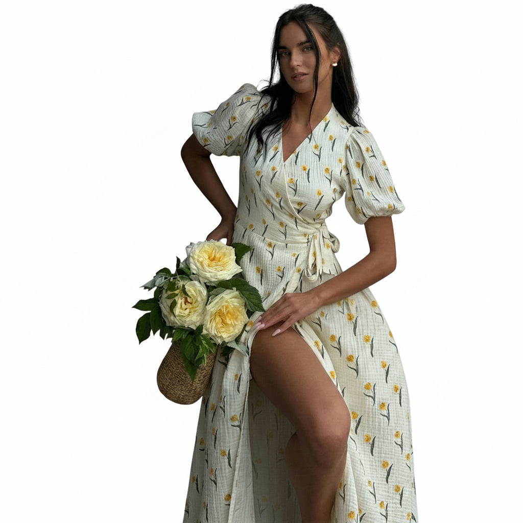 Mujer Vestido Midi Cruzado con Estampado Floral y Mangas Abullonadas-Midi Dress-Casaluzia