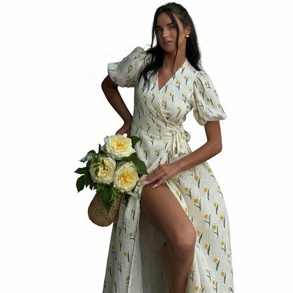 Mujer Vestido Midi Cruzado con Estampado Floral y Mangas Abullonadas-Midi Dress-Casaluzia