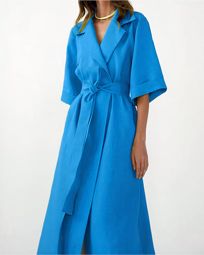 Mujer vestido Midi Cruzado con Solapa, Mangas Amplias y Cinturón de Tela-Midi Dress-Casaluzia