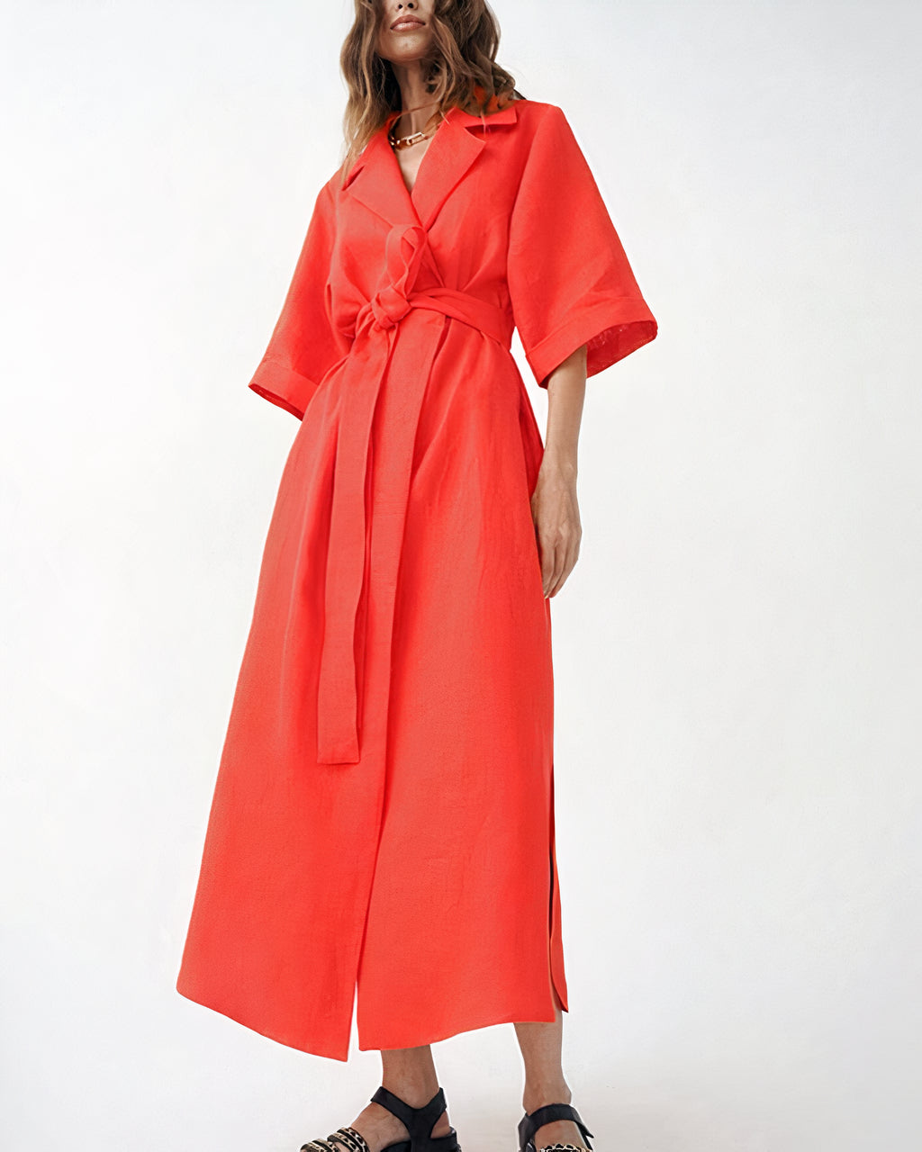 Mujer vestido Midi Cruzado con Solapa, Mangas Amplias y Cinturón de Tela-Midi Dress-Casaluzia