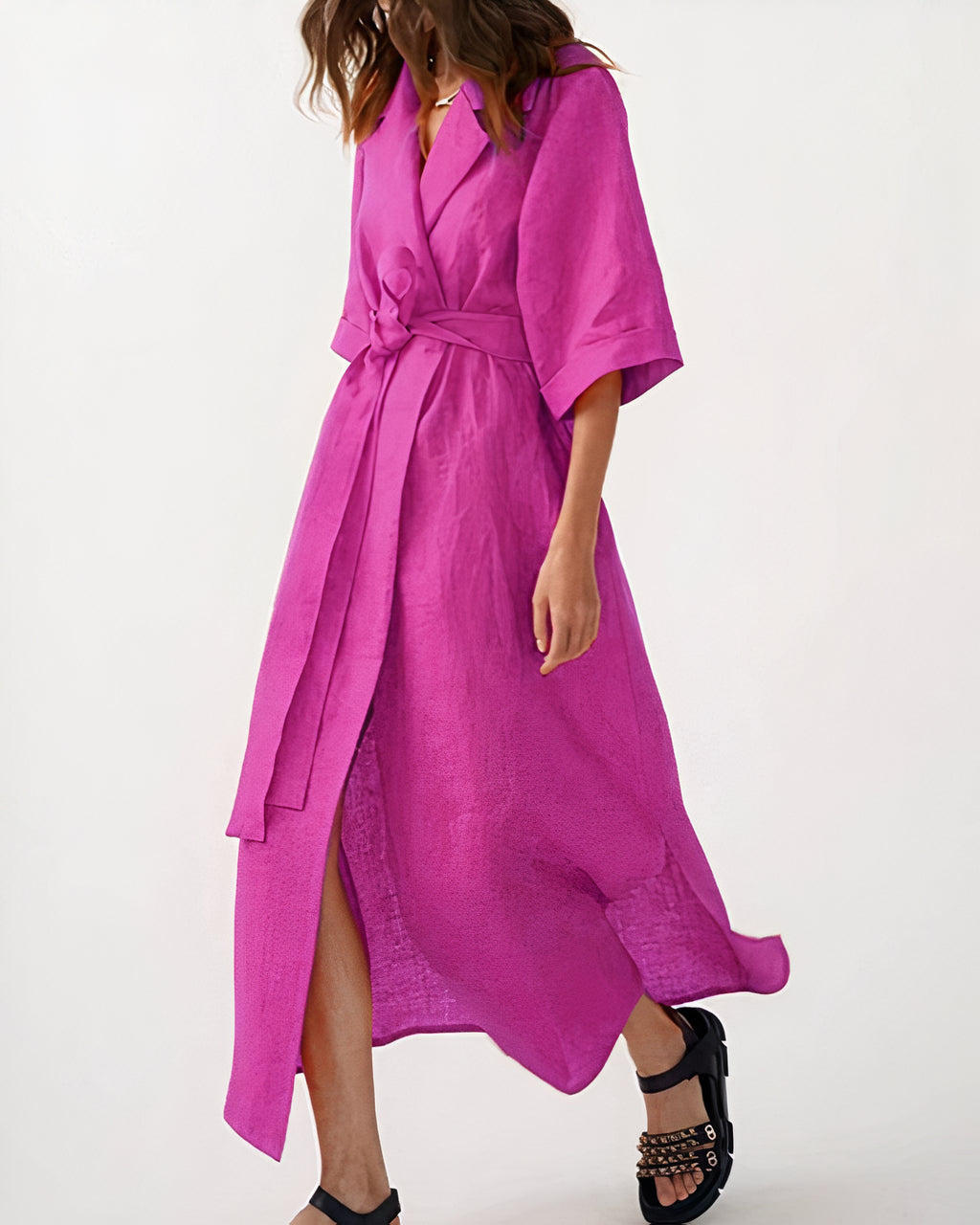Mujer vestido Midi Cruzado con Solapa, Mangas Amplias y Cinturón de Tela-Midi Dress-Casaluzia