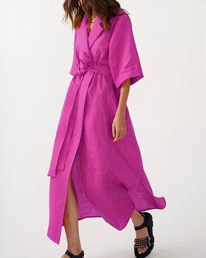 Mujer vestido Midi Cruzado con Solapa, Mangas Amplias y Cinturón de Tela-Midi Dress-Casaluzia