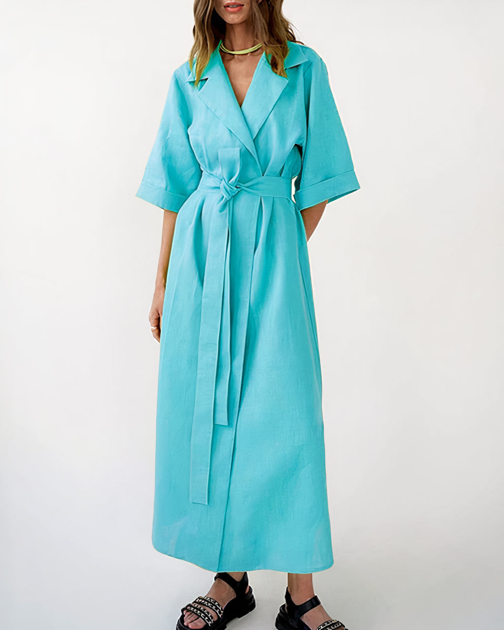 Mujer vestido Midi Cruzado con Solapa, Mangas Amplias y Cinturón de Tela-Midi Dress-Casaluzia