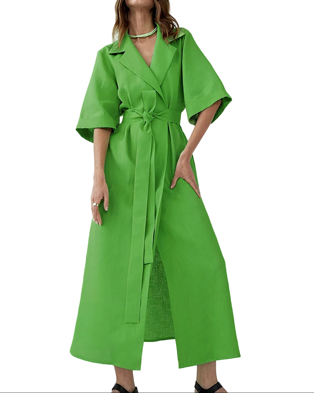 Mujer vestido Midi Cruzado con Solapa, Mangas Amplias y Cinturón de Tela-Midi Dress-Casaluzia