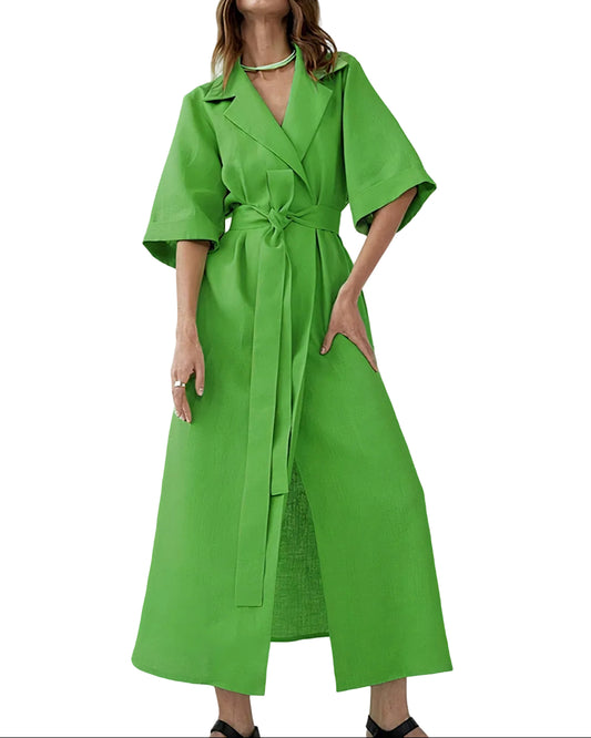 Mujer vestido Midi Cruzado con Solapa, Mangas Amplias y Cinturón de Tela-Midi Dress-Casaluzia