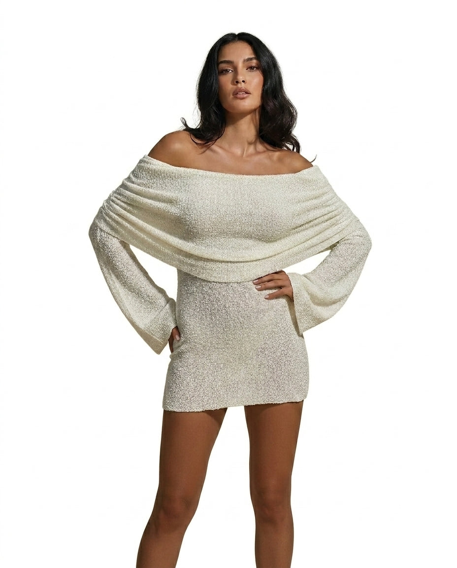 Mujer Vestido mini con hombros descubiertos y mangas largas con cuello drapeado-Mini Dress-Casaluzia