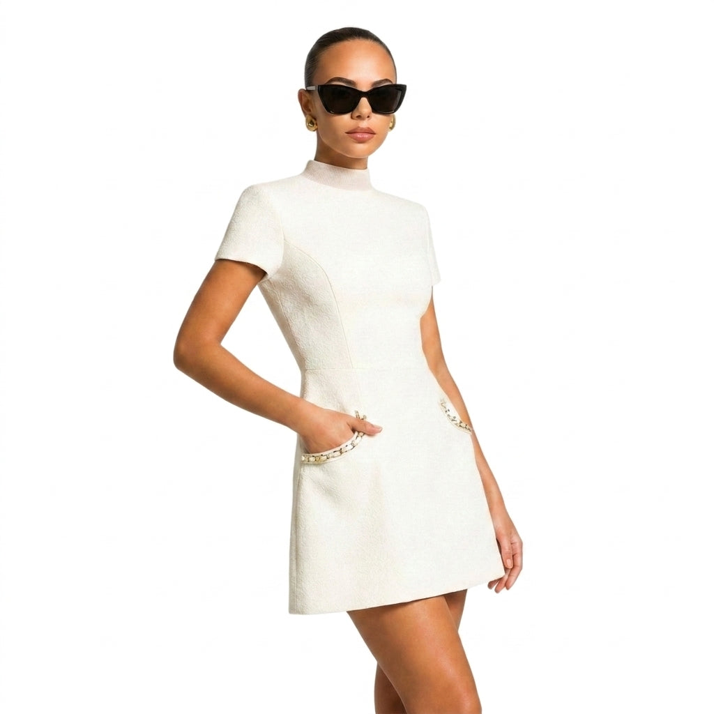 Mujer Vestido mini con manga corta y ribete de perlas-Mini Dress-Casaluzia
