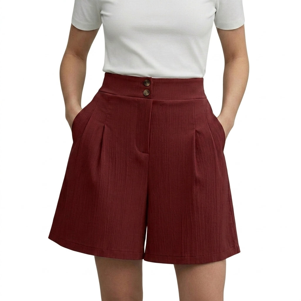 Mujeres Pantalones cortos de cintura alta con pernera ancha y pinzas delanteras y cierre de doble botón-Shorts for women-Casaluzia